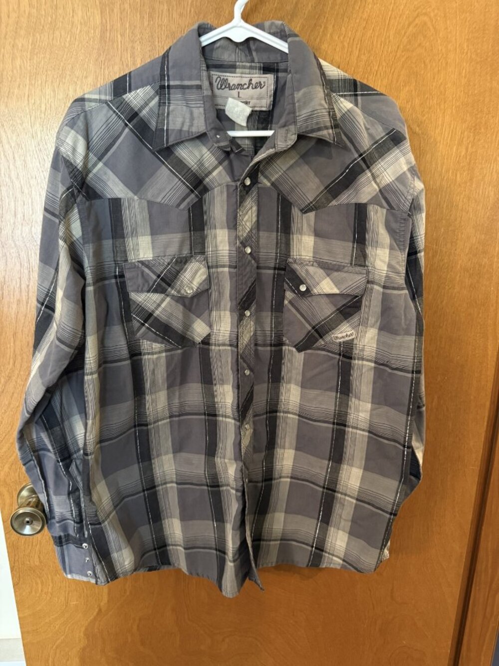Wrangler Wrancher Western Shirt Large Gray Plaid Pearl Snap Cowboy Rodeo Rancher